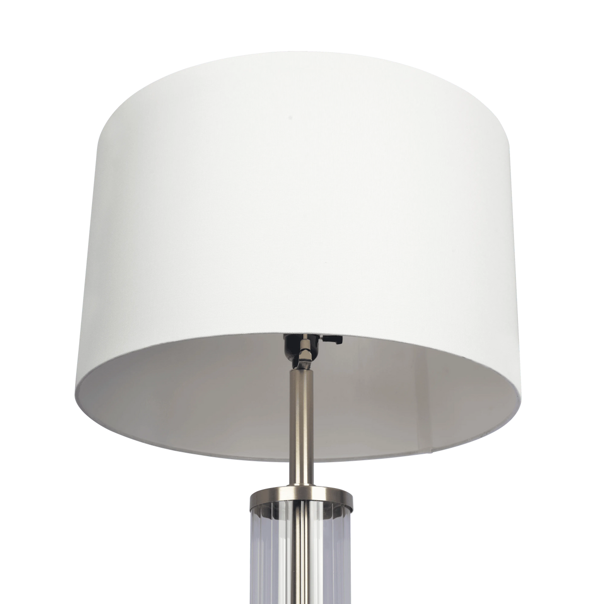Nimbus Brushed Nickel Floor Lamp with 3-Way Rotary Switch Clear Glass Body Metal Base by Ashcroft Furniture at Eve Furniture