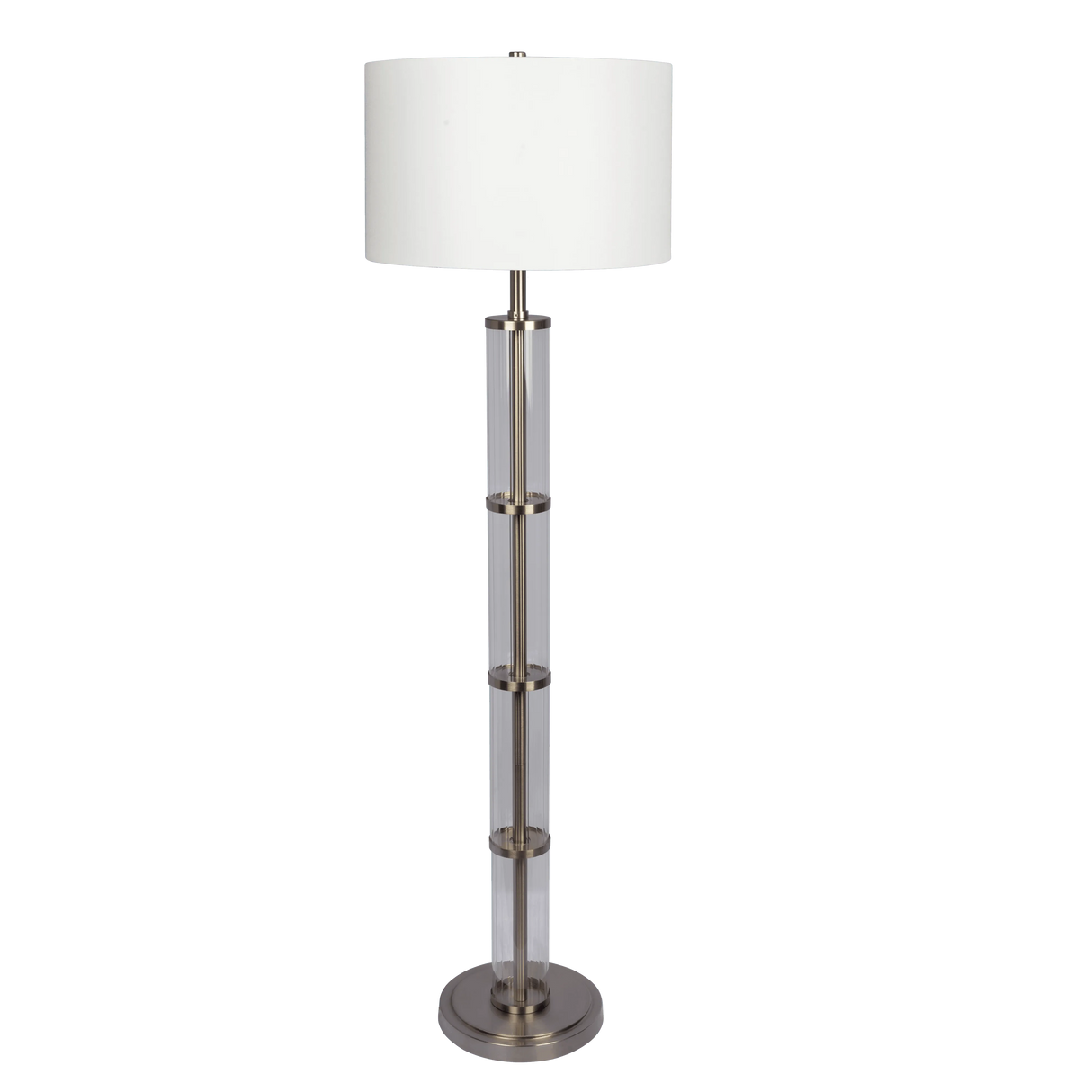 Nimbus Brushed Nickel Floor Lamp with 3-Way Rotary Switch Clear Glass Body Metal Base by Ashcroft Furniture at Eve Furniture