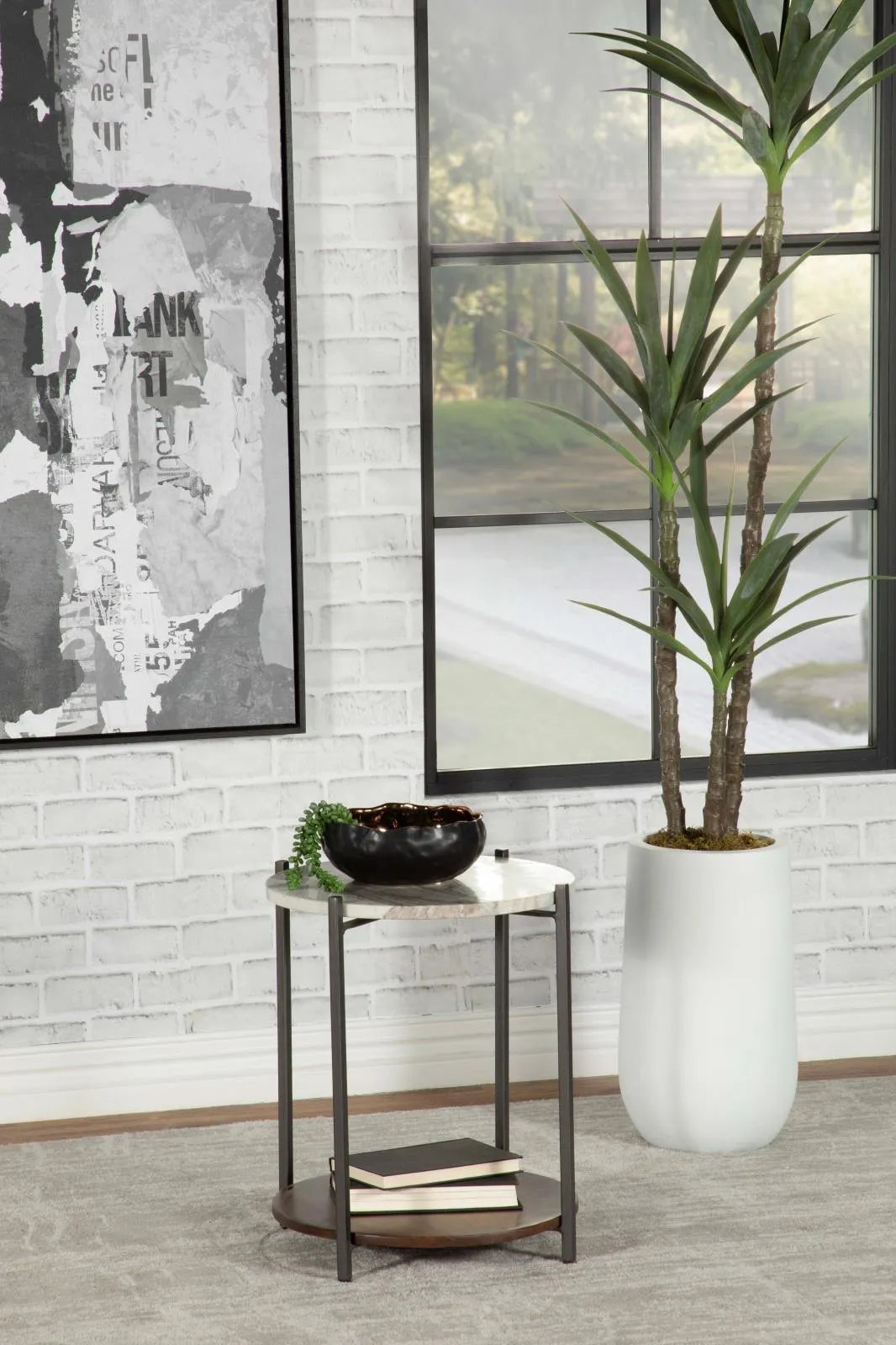 Noemie White and Gunmetal Round Marble Top Accent Side Table by Coaster at Eve Furniture