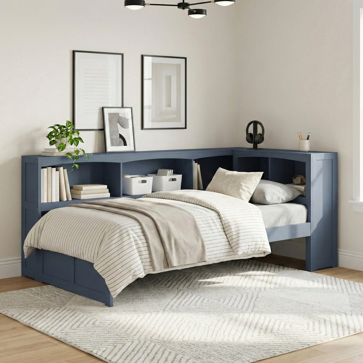 Nora Blue Twin Bookcase Corner Platform Bed by Homelegance at Eve Furniture