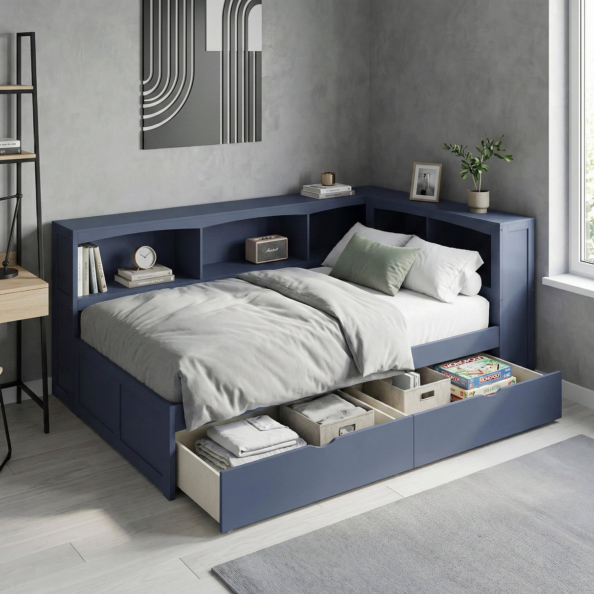 Nora Blue Twin Bookcase Corner Platform Bed by Homelegance at Eve Furniture