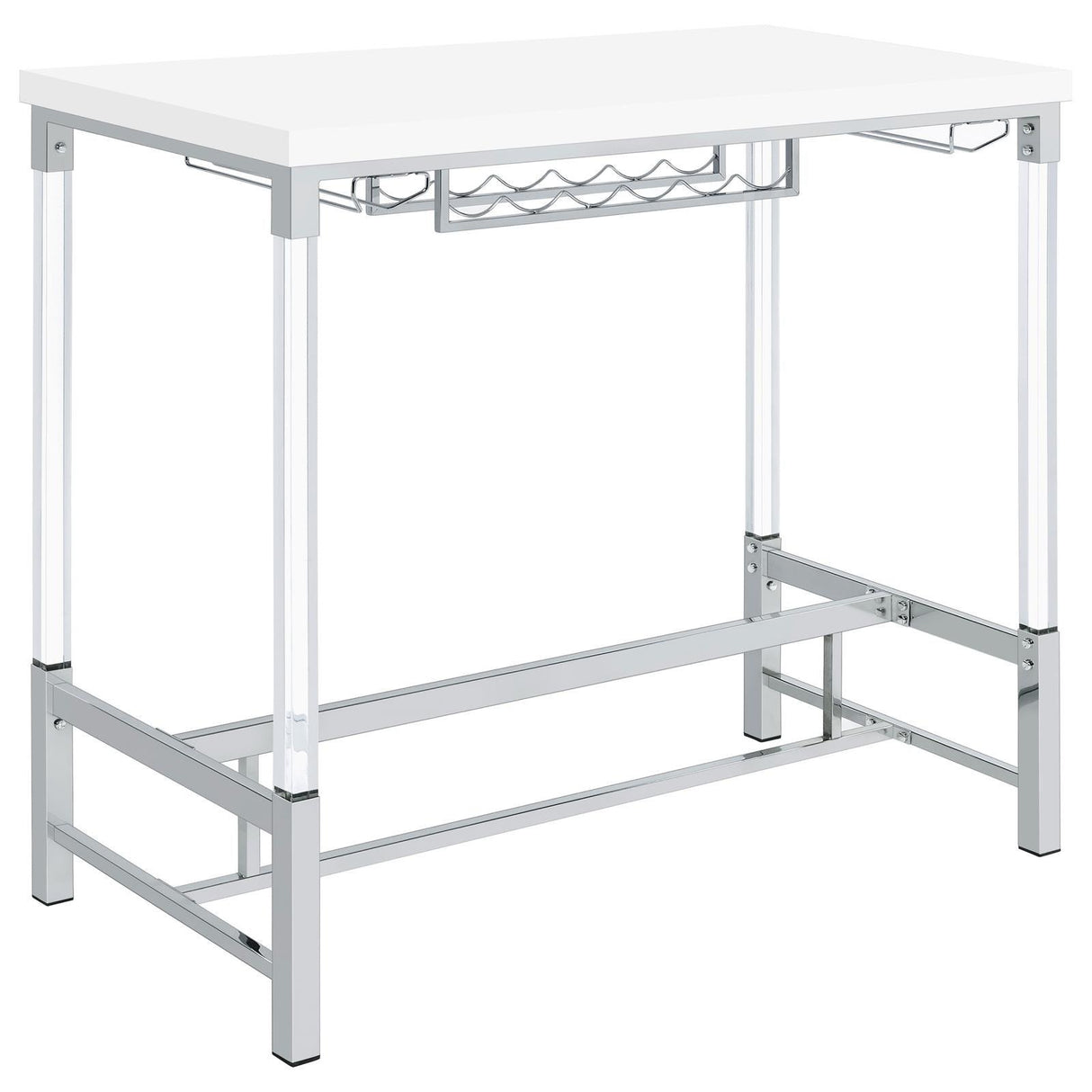 Norcrest White High Gloss Pub Height Bar Table with Acrylic Legs and Wine Storage by Coaster at Eve Furniture