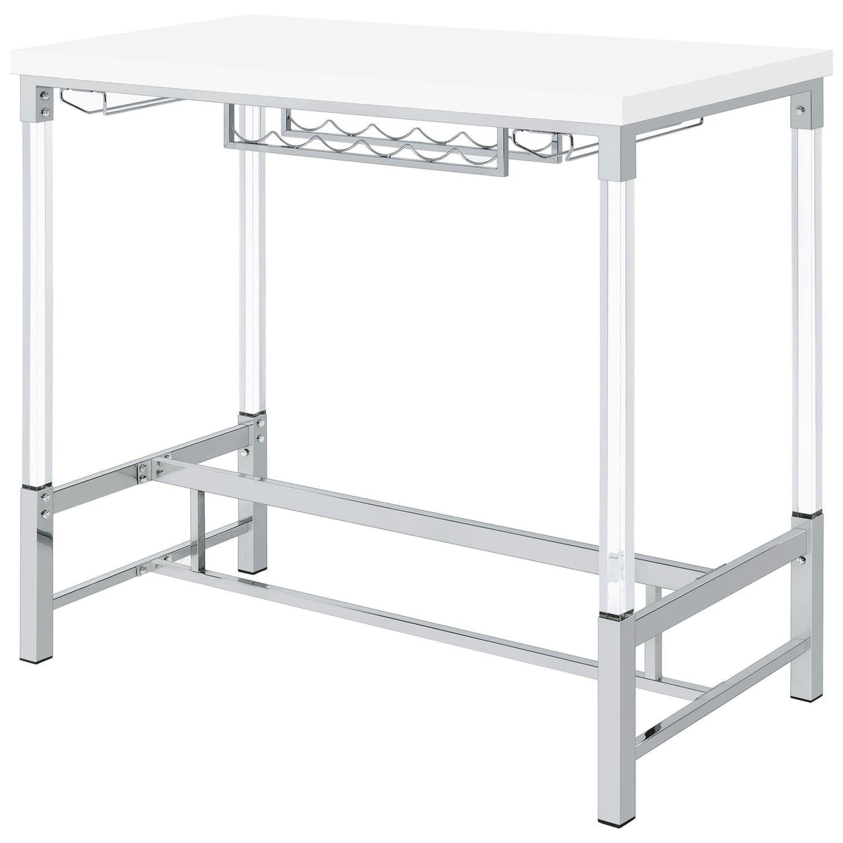 Norcrest White High Gloss Pub Height Bar Table with Acrylic Legs and Wine Storage by Coaster at Eve Furniture