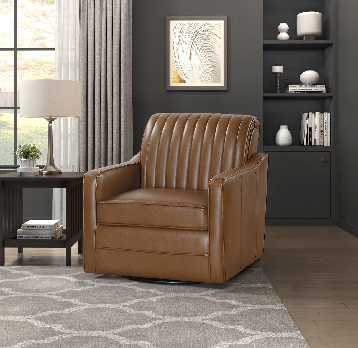 November Brown Leather Channel Back Swivel Chair by Homelegance at Eve Furniture