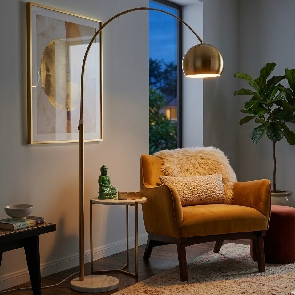 Oasis Long Arm Gold Brass Adjustable Floor Lamp with Round White Marble Base by Ashcroft Imports at Eve Furniture
