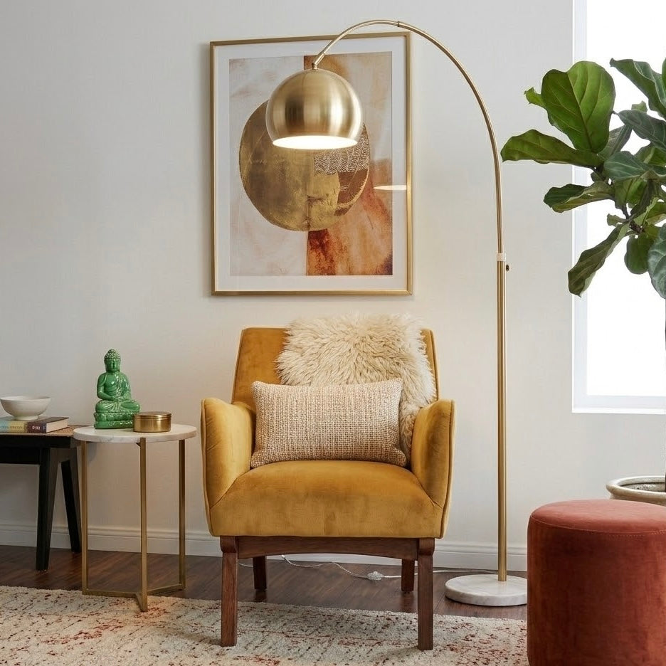 Oasis Long Arm Gold Brass Adjustable Floor Lamp with Round White Marble Base by Ashcroft Imports at Eve Furniture