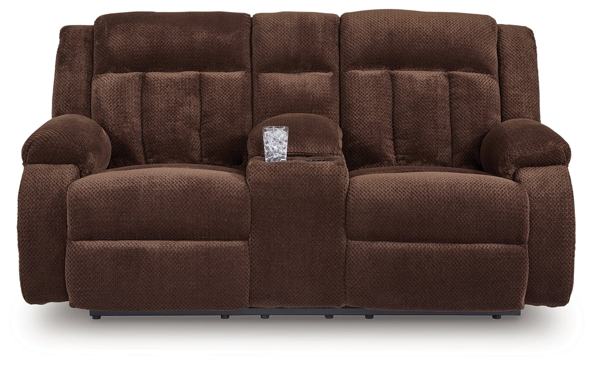 Observation Chocolate Power Reclining Loveseat with Console by Ashley at Eve Furniture