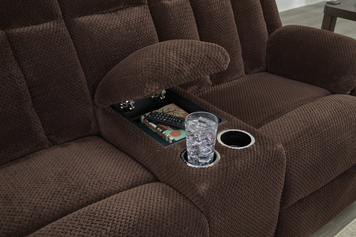 Observation Chocolate Power Reclining Loveseat with Console by Ashley at Eve Furniture