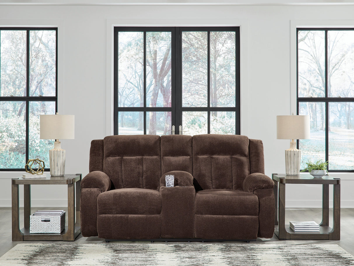Observation Chocolate Power Reclining Loveseat with Console by Ashley at Eve Furniture