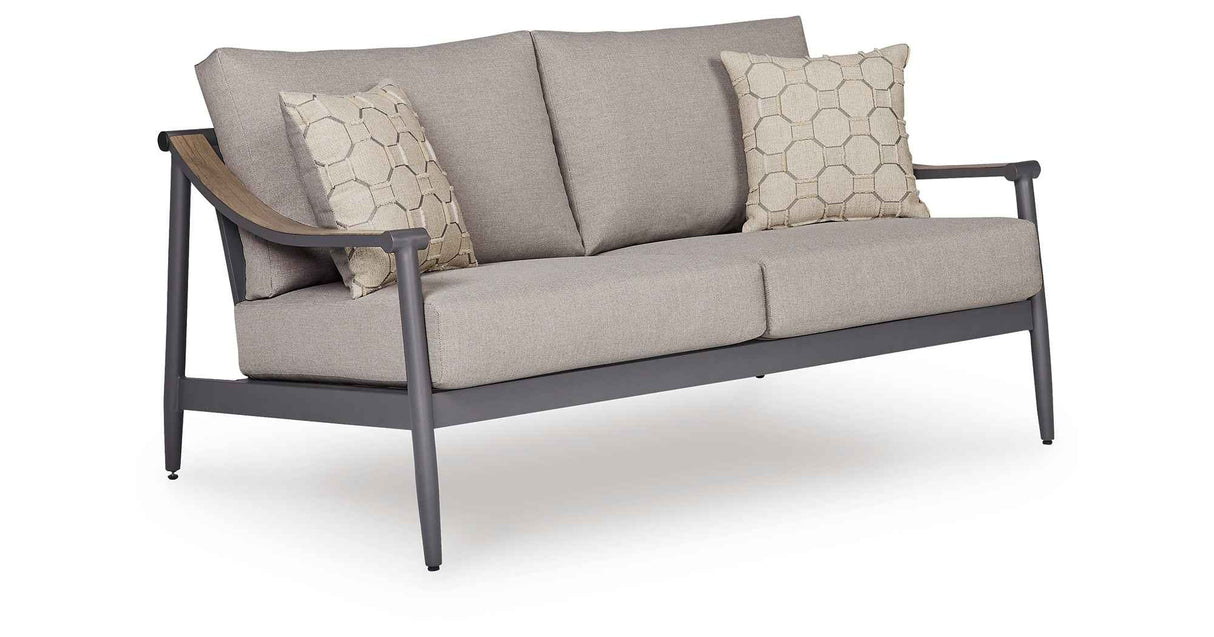 Ocean Beach Gray Outdoor Loveseat with Cushion by Ashley at Eve Furniture