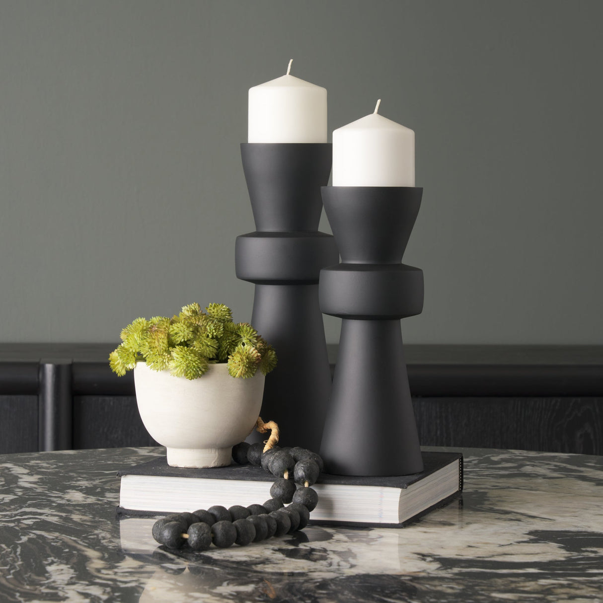 Odilia Large Smooth Matte Black Metal Geometric Pillar Candle Holder by Mercana at Eve Furniture
