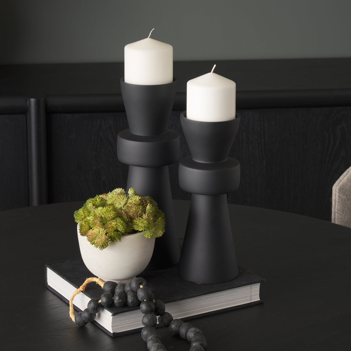 Odilia Large Smooth Matte Black Metal Geometric Pillar Candle Holder by Mercana at Eve Furniture