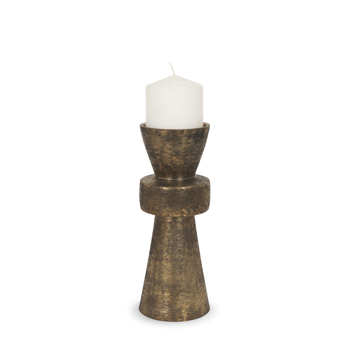 Odilia Small Textured Antiqued Gold Metal Geometric Pillar Candle Holder by Mercana at Eve Furniture