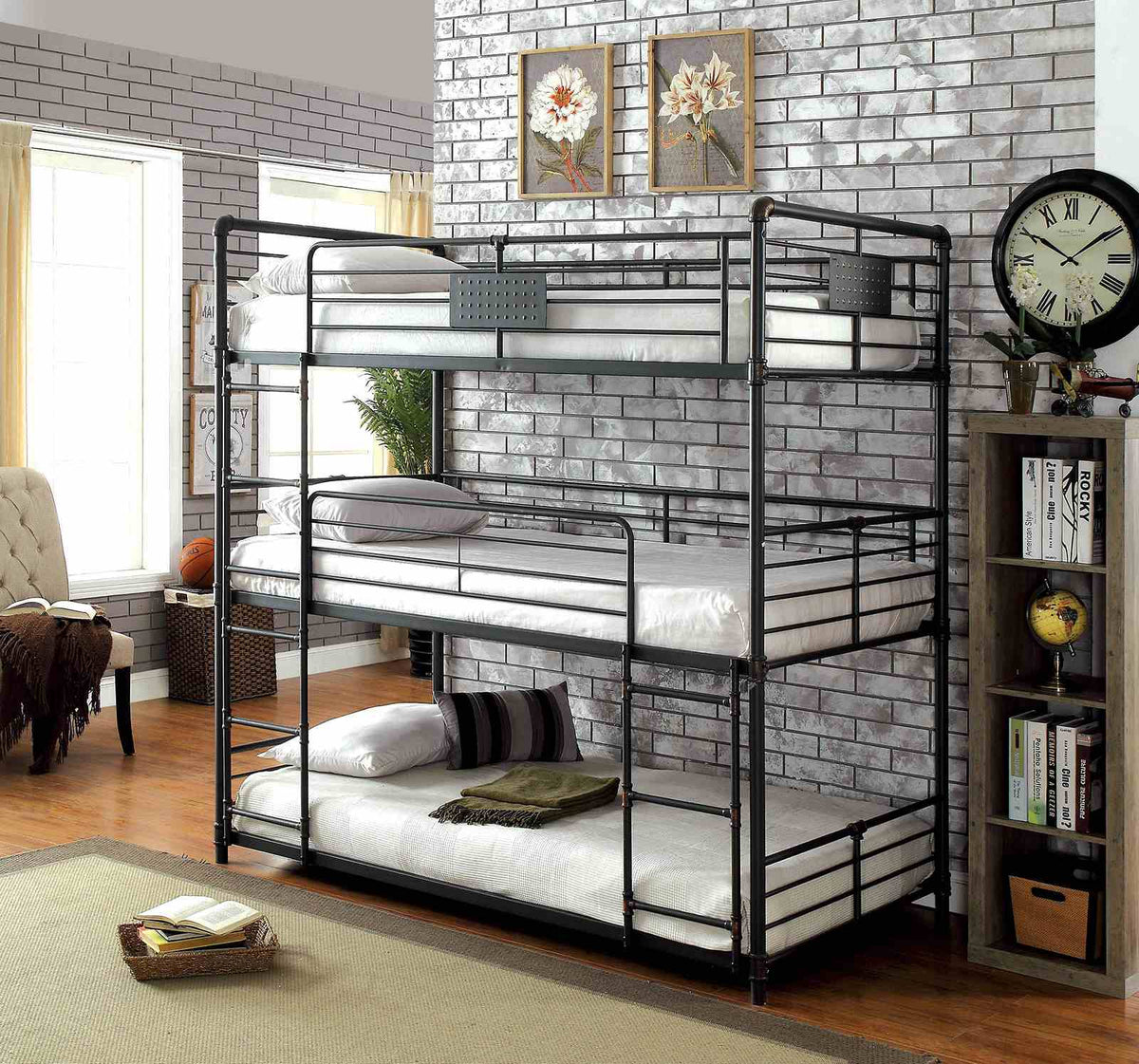 Olga Antique Black Twin/Twin/Twin Bunk Bed by Furniture of America at Eve Furniture