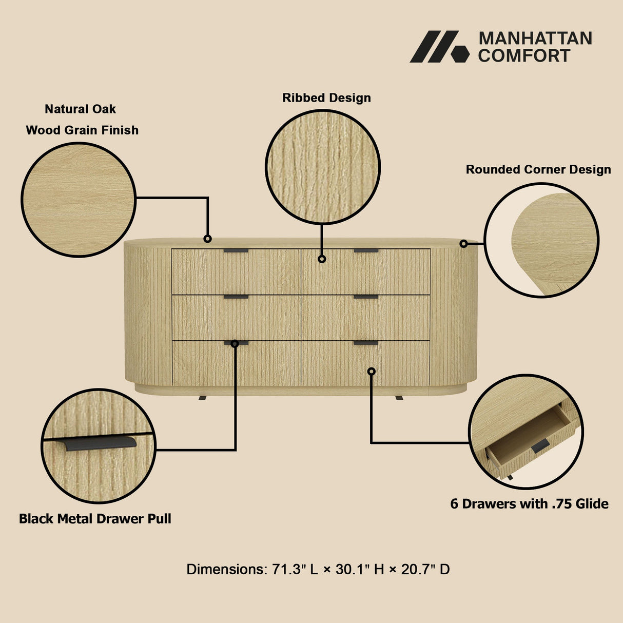 Olivia 71.3" Double Dresser in Natural Oak and Black by Manhattan Comfort at Eve Furniture