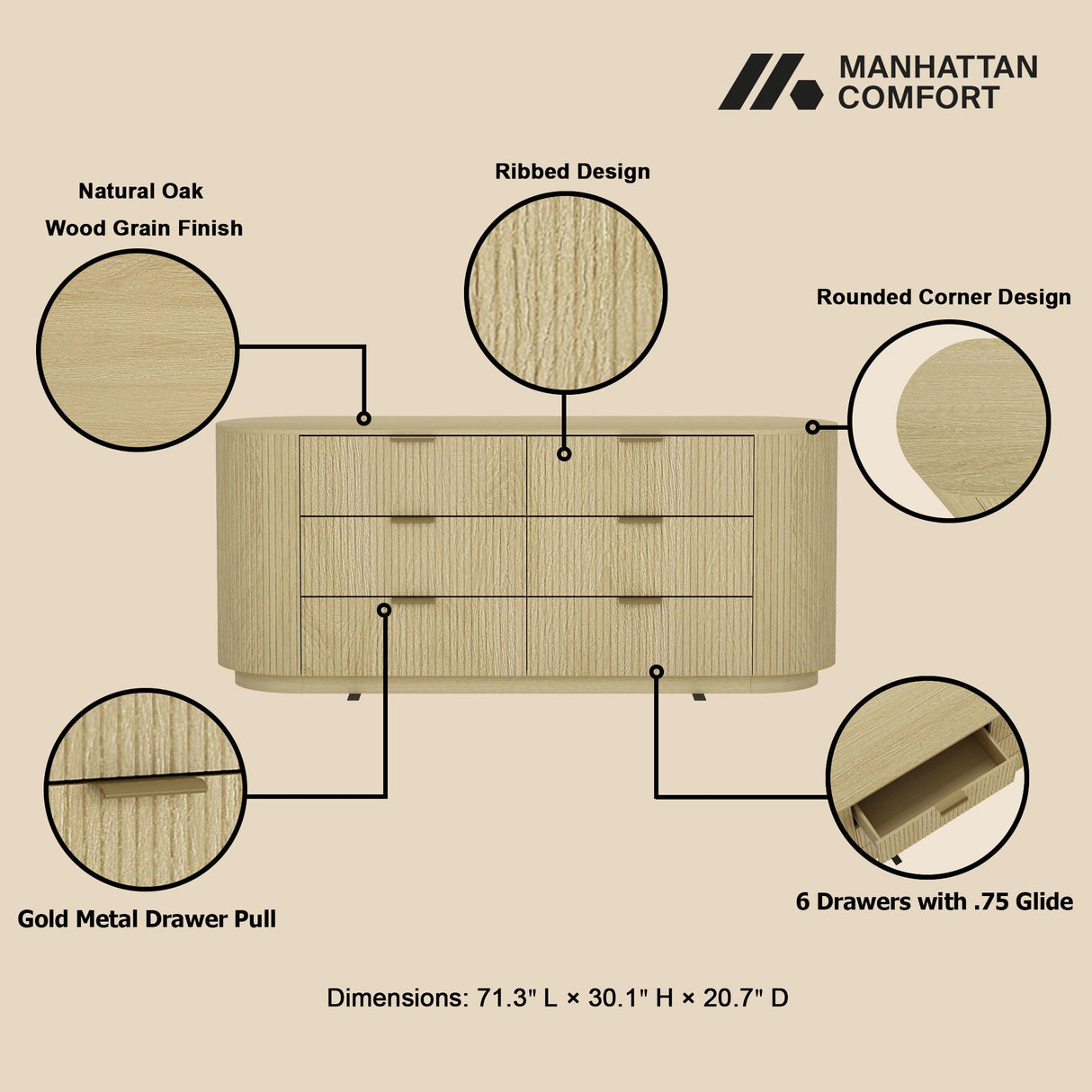 Olivia 71.3" Double Dresser in Natural Oak and Gold by Manhattan Comfort at Eve Furniture
