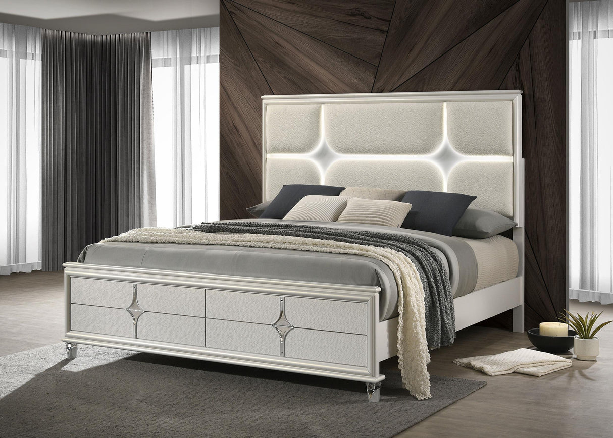 Olivia Pearl White Queen Panel Bed LED Headboard by Coaster at Eve Furniture