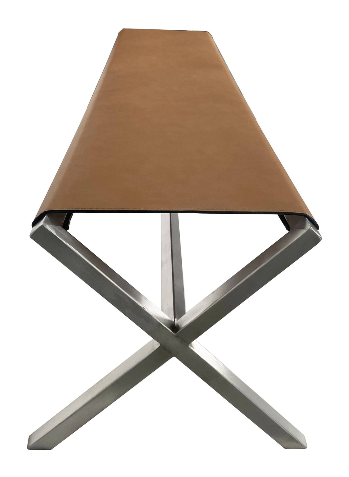One Modern Coastal Director's Style Leather Dining Bench in Cognac and Brushed Stainless Steel by Modus Furniture at Eve Furniture