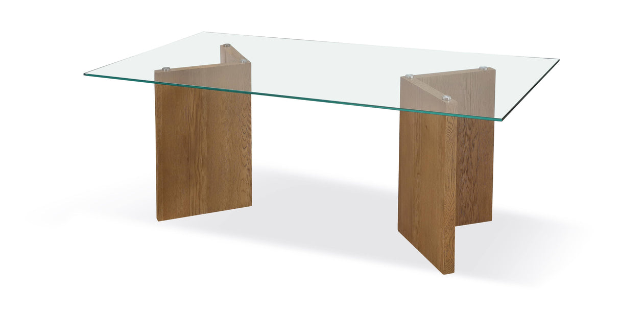 One Modern Coastal Glass Top Dining Table in White Oak by Modus Furniture at Eve Furniture