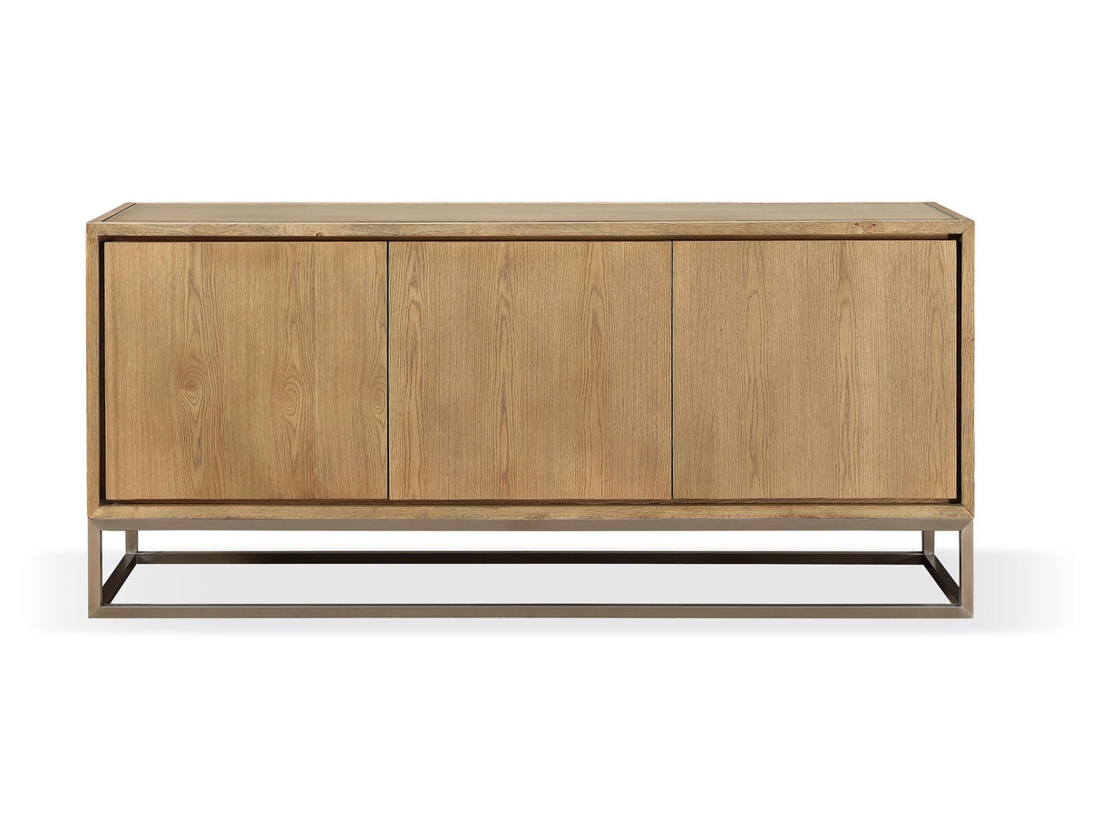 One Modern Coastal Metal Base Sideboard in White Oak and Brushed Stainless Steel by Modus Furniture at Eve Furniture