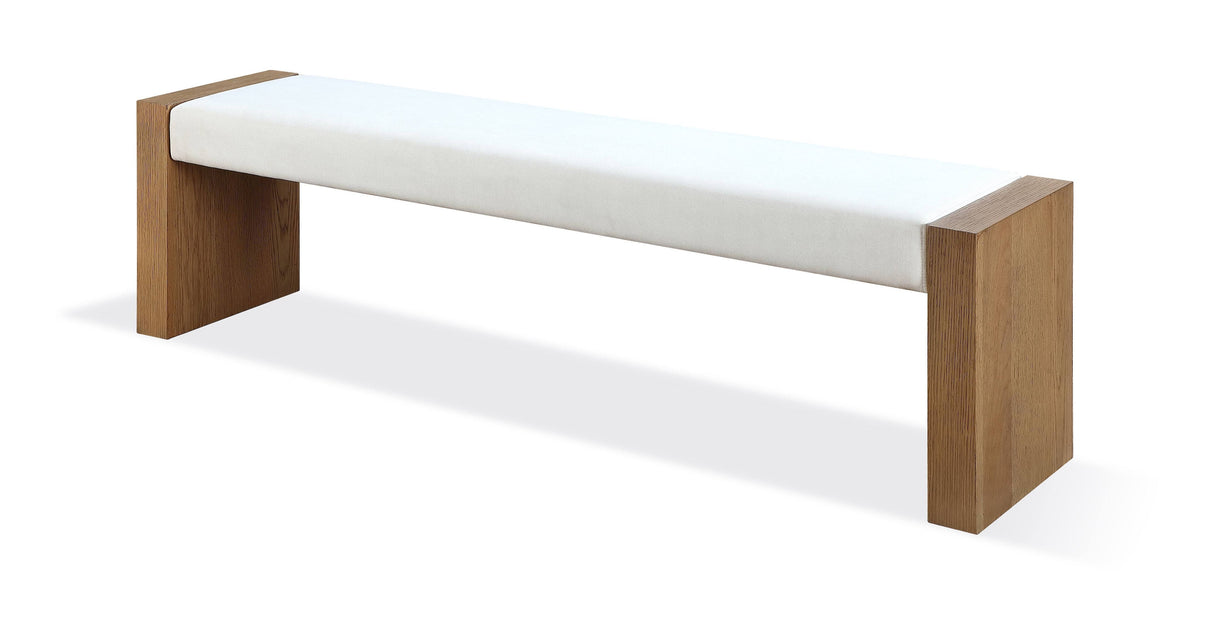 One Modern Coastal Slab Leg Upholstered Dining Bench in White Oak and White Pearl by Modus Furniture at Eve Furniture