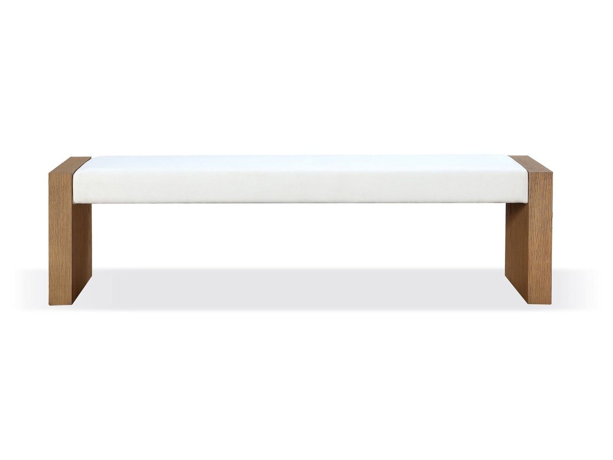 One Modern Coastal Slab Leg Upholstered Dining Bench in White Oak and White Pearl by Modus Furniture at Eve Furniture