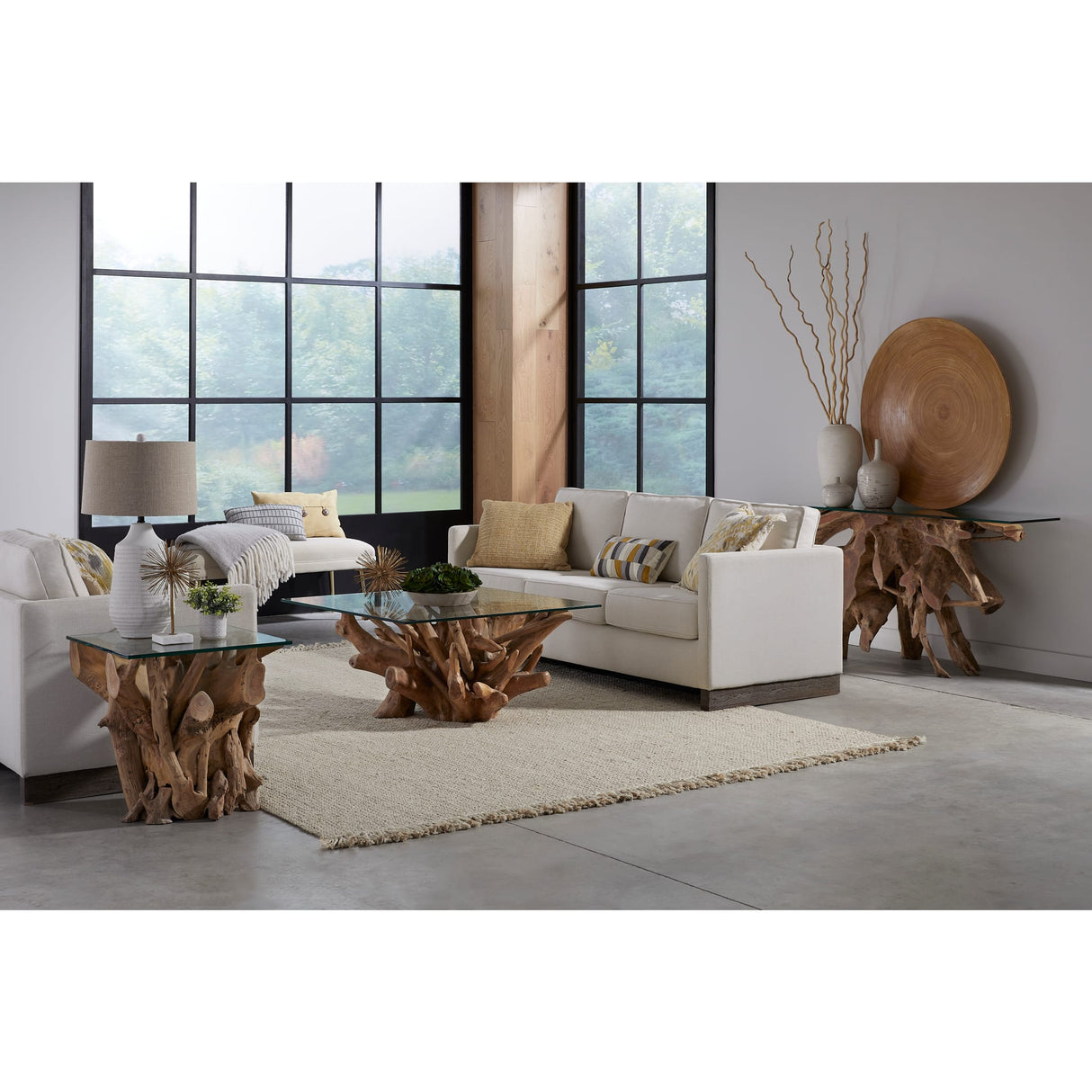 One Solid Teak Root Glass Top End Table by Modus Furniture at Eve Furniture