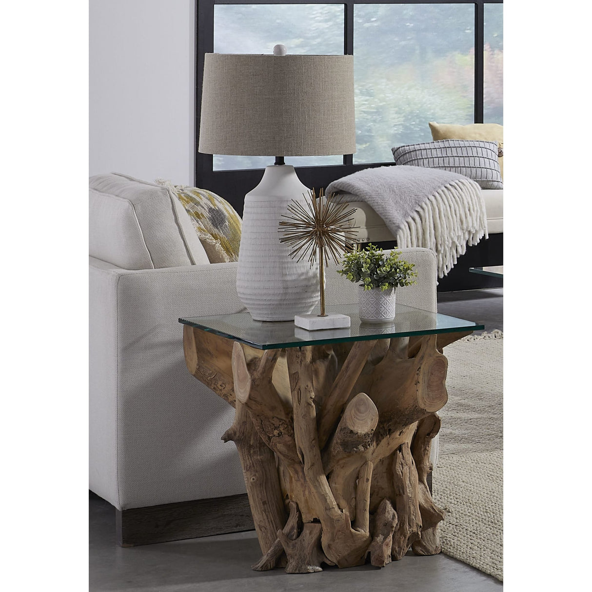 One Solid Teak Root Glass Top End Table by Modus Furniture at Eve Furniture