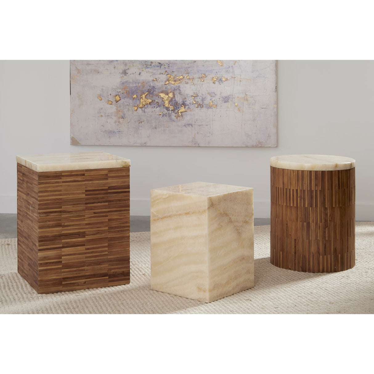 One Stone Wood Tile Round End Table in Onyx and Solid Teak by Modus Furniture at Eve Furniture