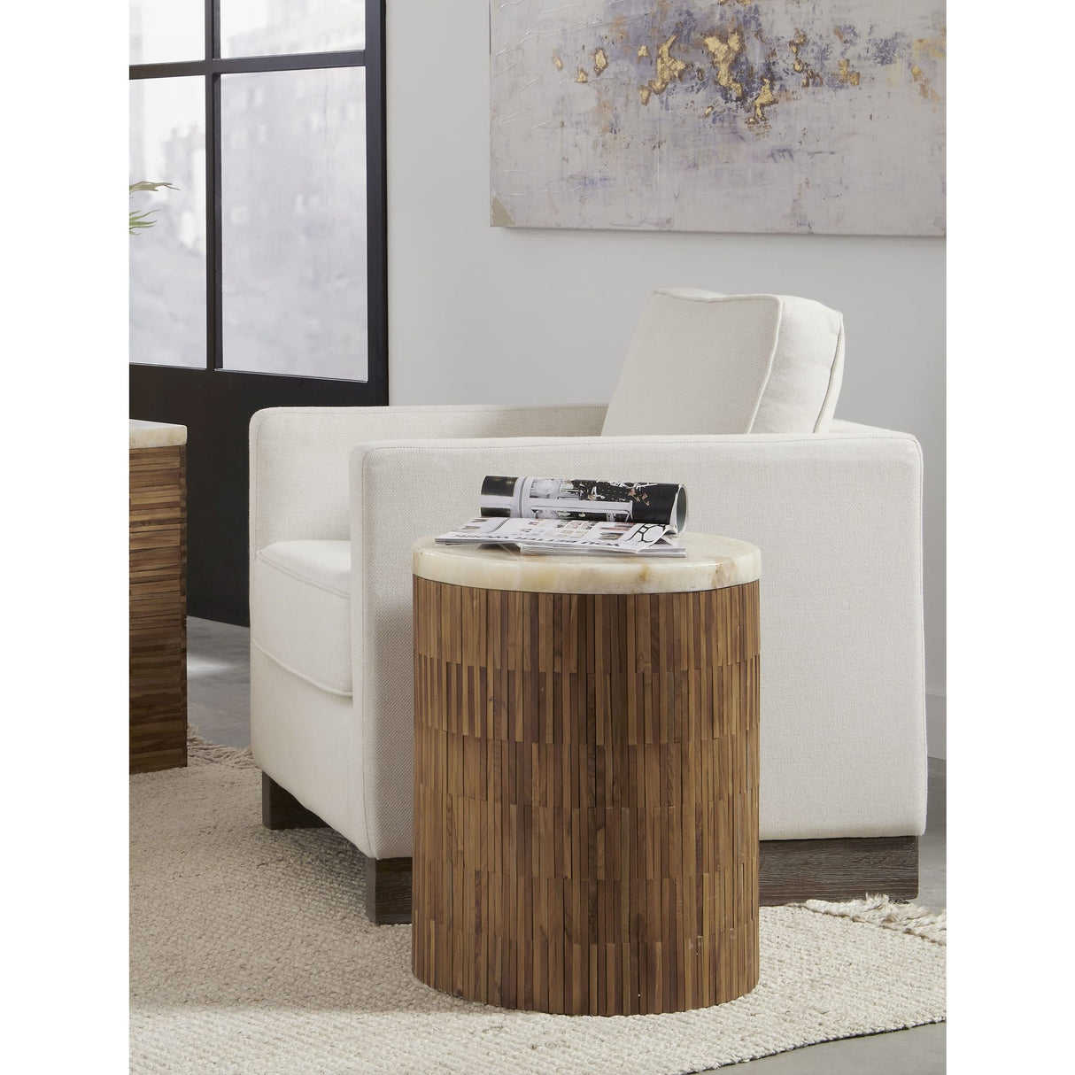 One Stone Wood Tile Round End Table in Onyx and Solid Teak by Modus Furniture at Eve Furniture
