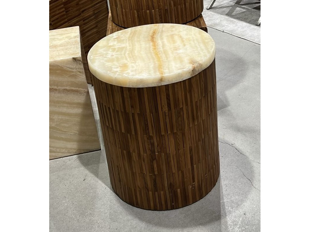 One Stone Wood Tile Round End Table in Onyx and Solid Teak by Modus Furniture at Eve Furniture