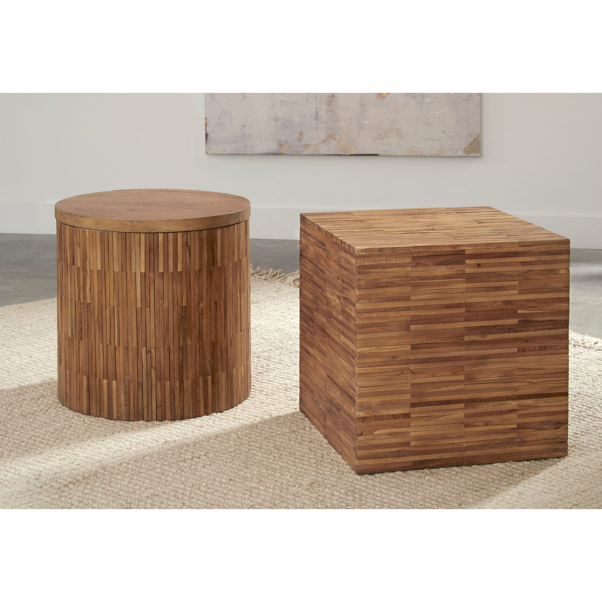 One Wood Tile Round End Table in Solid Teak by Modus Furniture at Eve Furniture