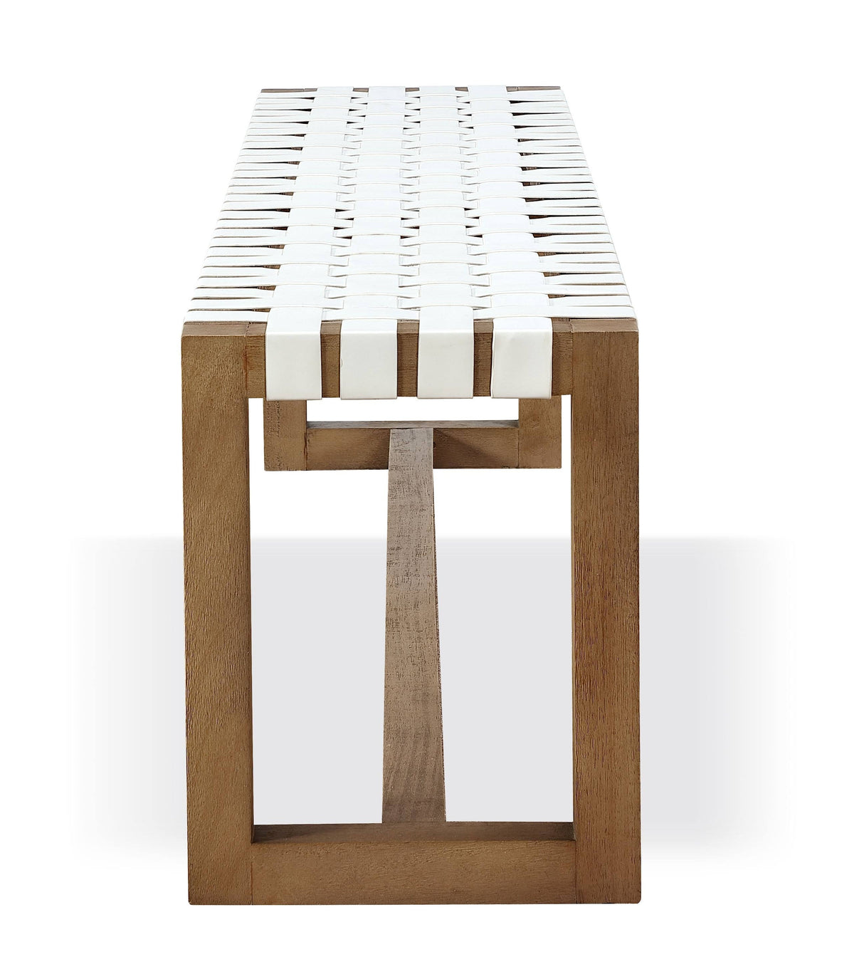 One Woven Leather and Solid Wood Dining Bench in White and Bisque by Modus Furniture at Eve Furniture