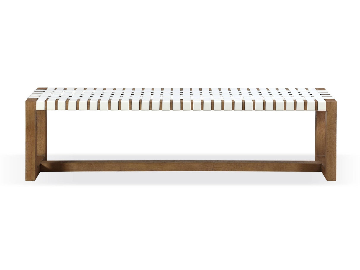 One Woven Leather and Solid Wood Dining Bench in White and Bisque by Modus Furniture at Eve Furniture