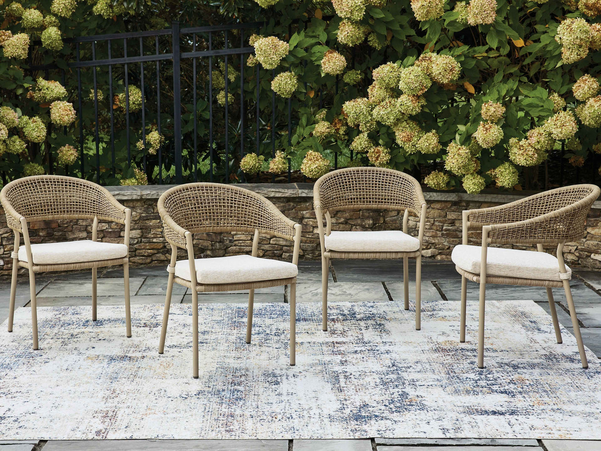 Orchard Beach Beige Outdoor Arm Chair with Cushion (Set of 4) by Ashley at Eve Furniture
