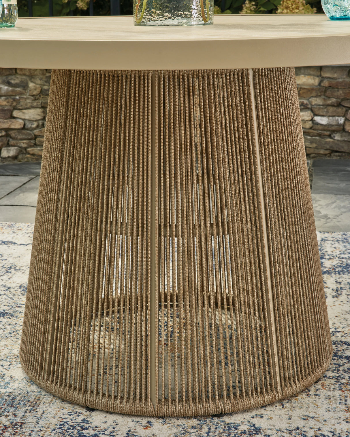 Orchard Beach Beige Outdoor Dining Table and 4 Arm Chairs by Ashley at Eve Furniture