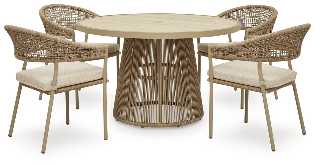 Orchard Beach Beige Outdoor Dining Table and 4 Arm Chairs by Ashley at Eve Furniture