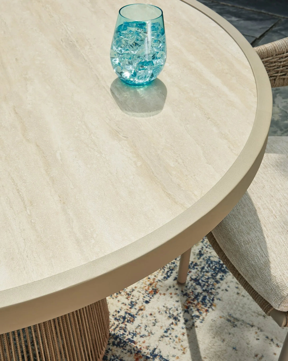 Orchard Beach Beige Outdoor Dining Table and 4 Arm Chairs by Ashley at Eve Furniture