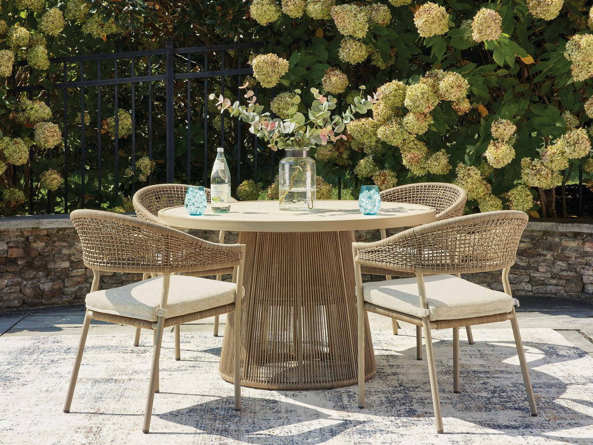 Orchard Beige Beach Outdoor Dining Table and 4 Chairs by Ashley at Eve Furniture