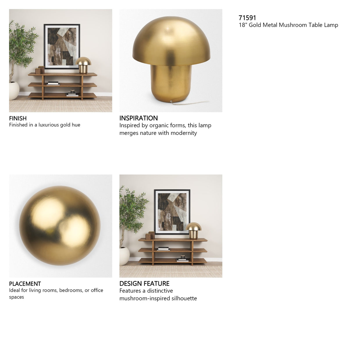 Orlo 18" Gold Metal Mushroom Table Lamp by Mercana at Eve Furniture