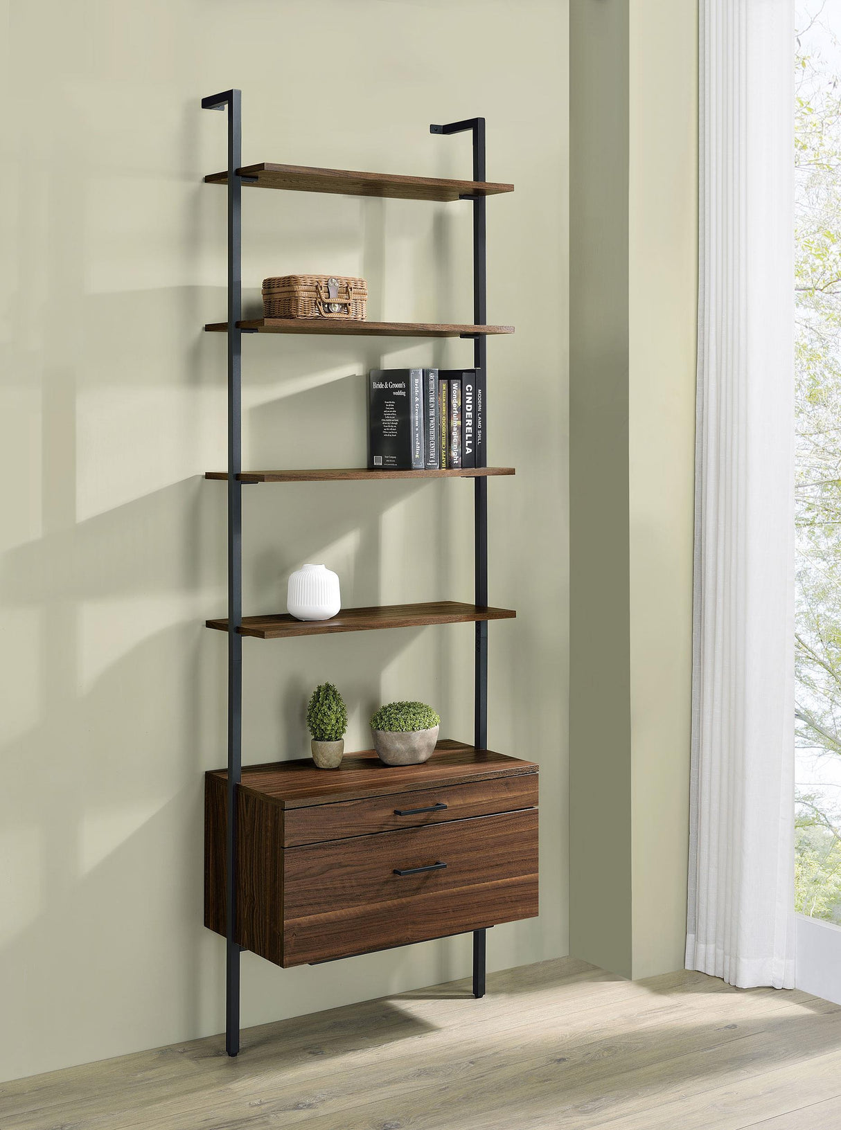 Owens Walnut 31-inch 4-shelf Storage Wall Bookshelf by Coaster at Eve Furniture