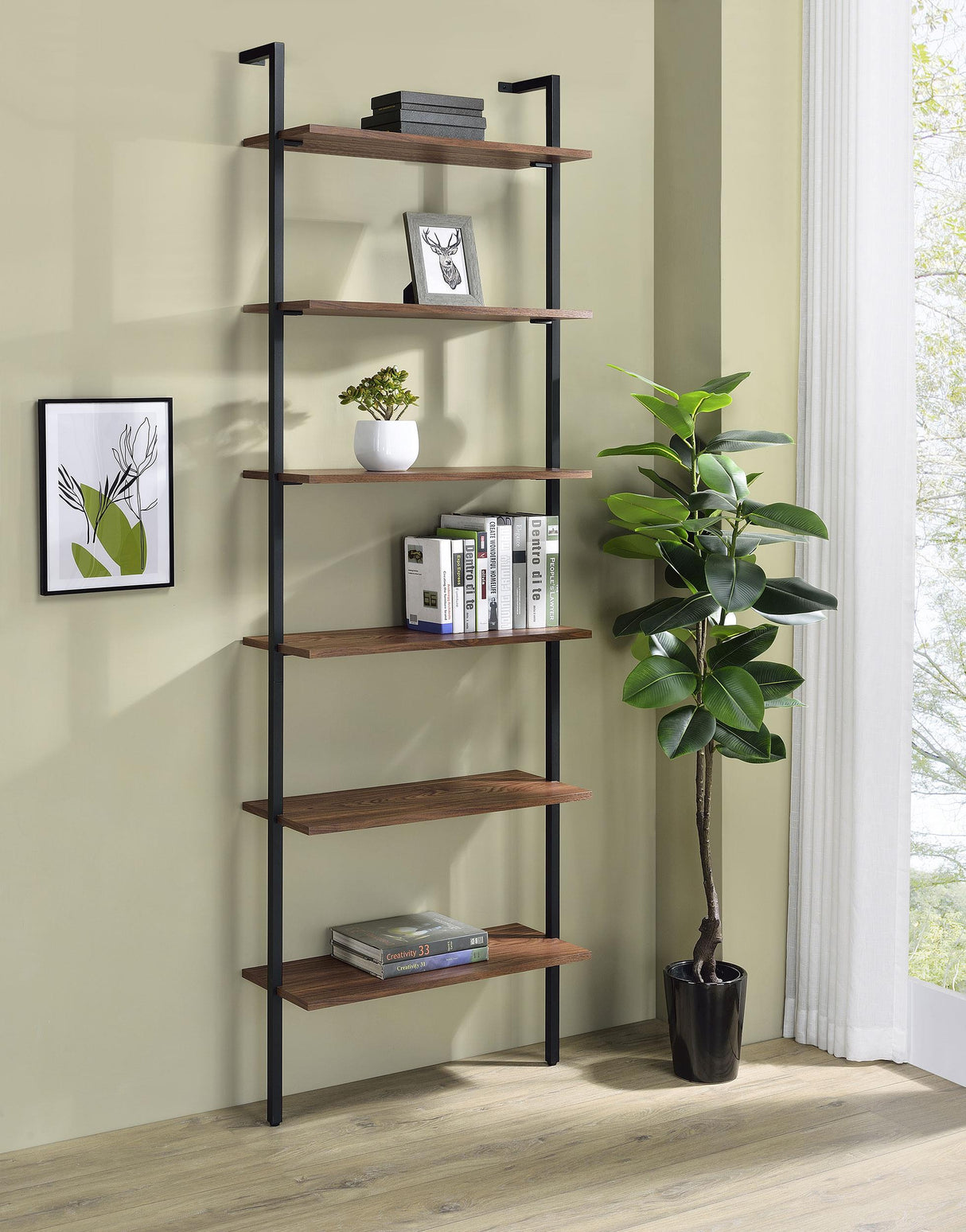 Owens Walnut 31-inch 6-shelf Wall Bookshelf by Coaster at Eve Furniture
