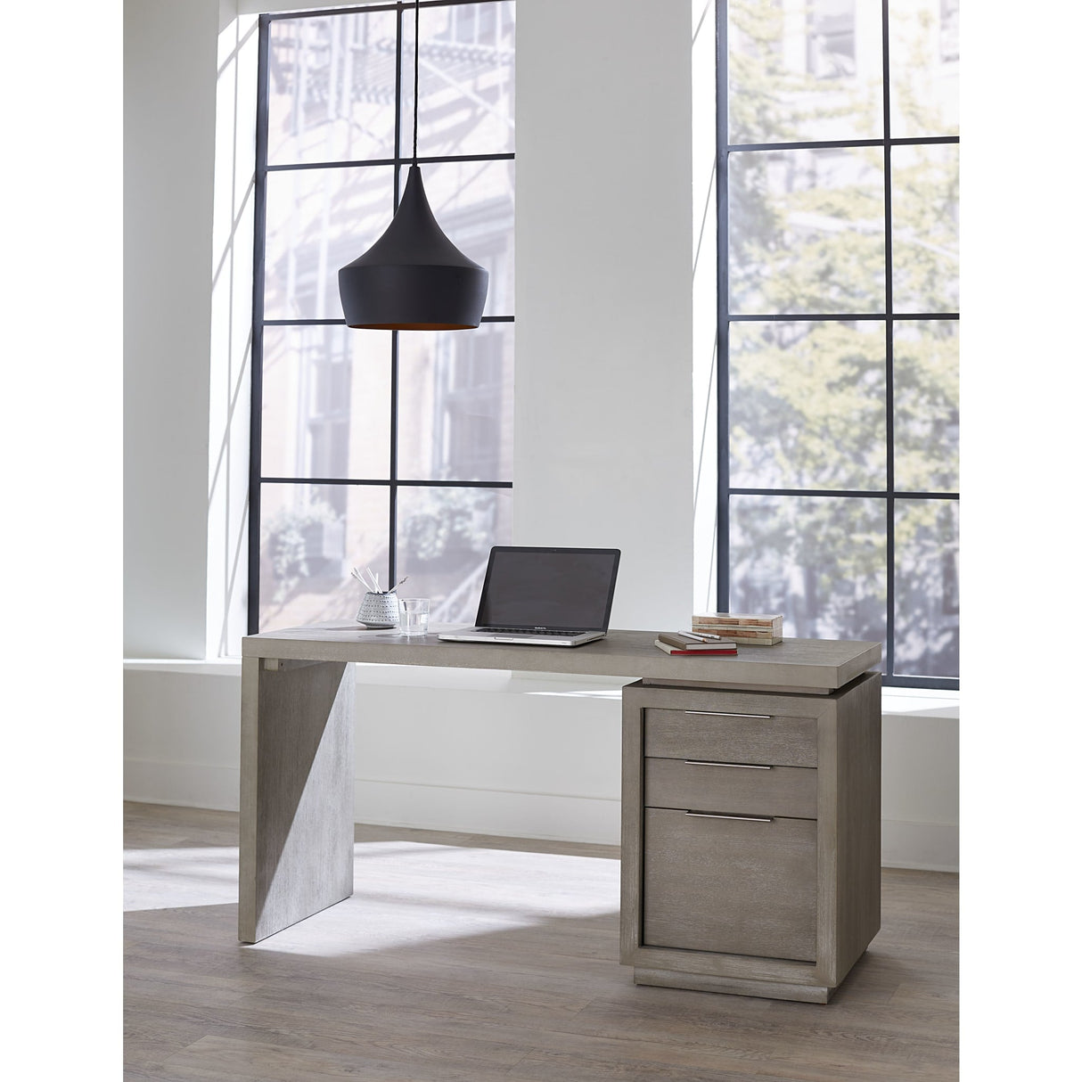 Oxford Three-Drawer Single Pedestal Desk in Mineral by Modus Furniture at Eve Furniture