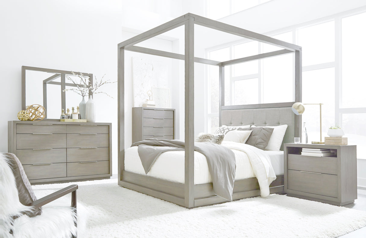 Oxford Upholstered Eastern King Canopy Bed in Mineral by Modus Furniture at Eve Furniture