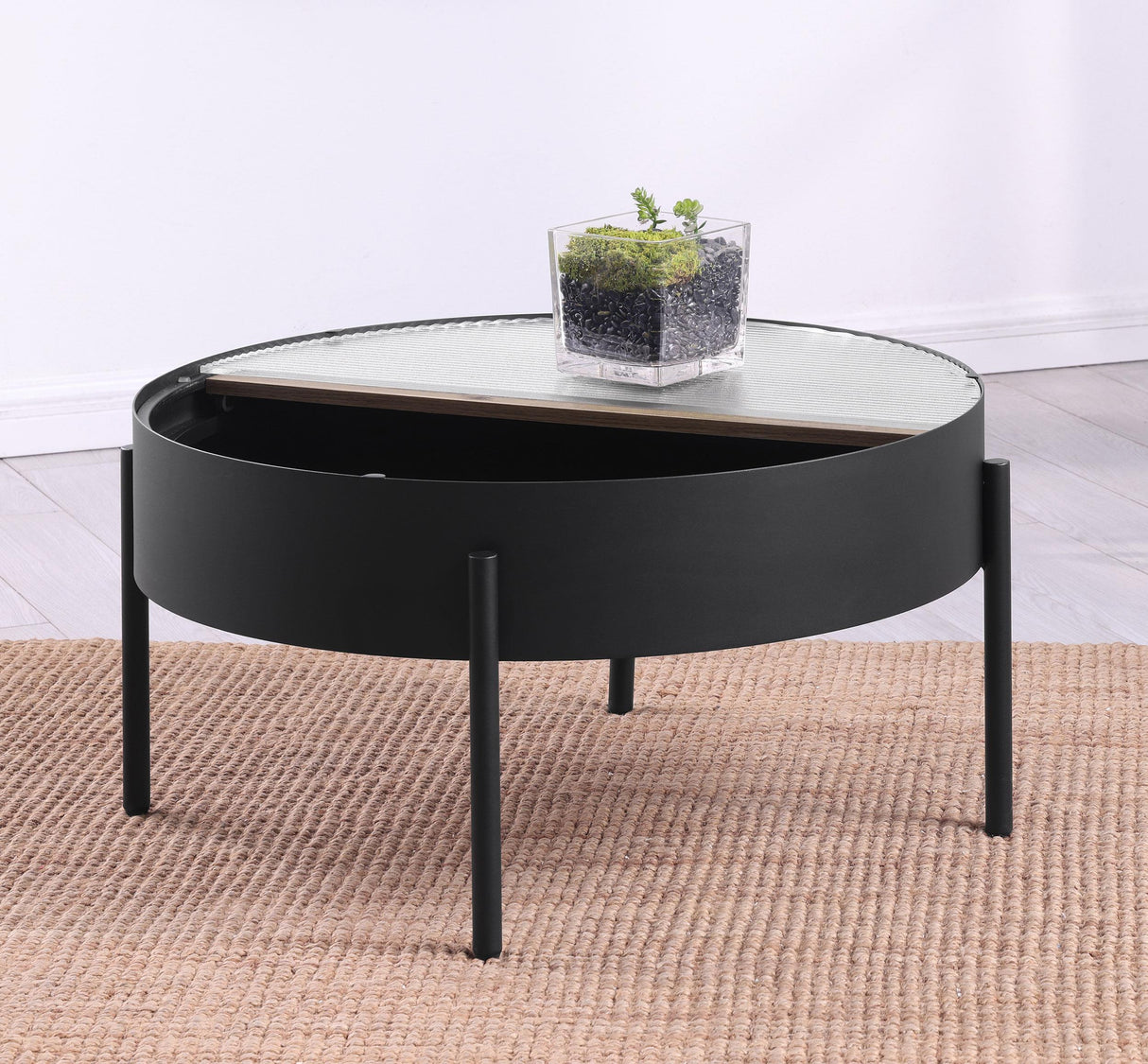 Ozella Sandy Black Round Coffee Table with Hidden Storage by Coaster at Eve Furniture