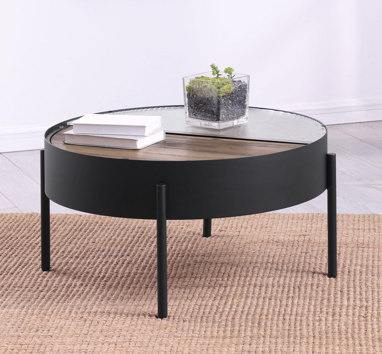 Ozella Sandy Black Round Coffee Table with Hidden Storage by Coaster at Eve Furniture