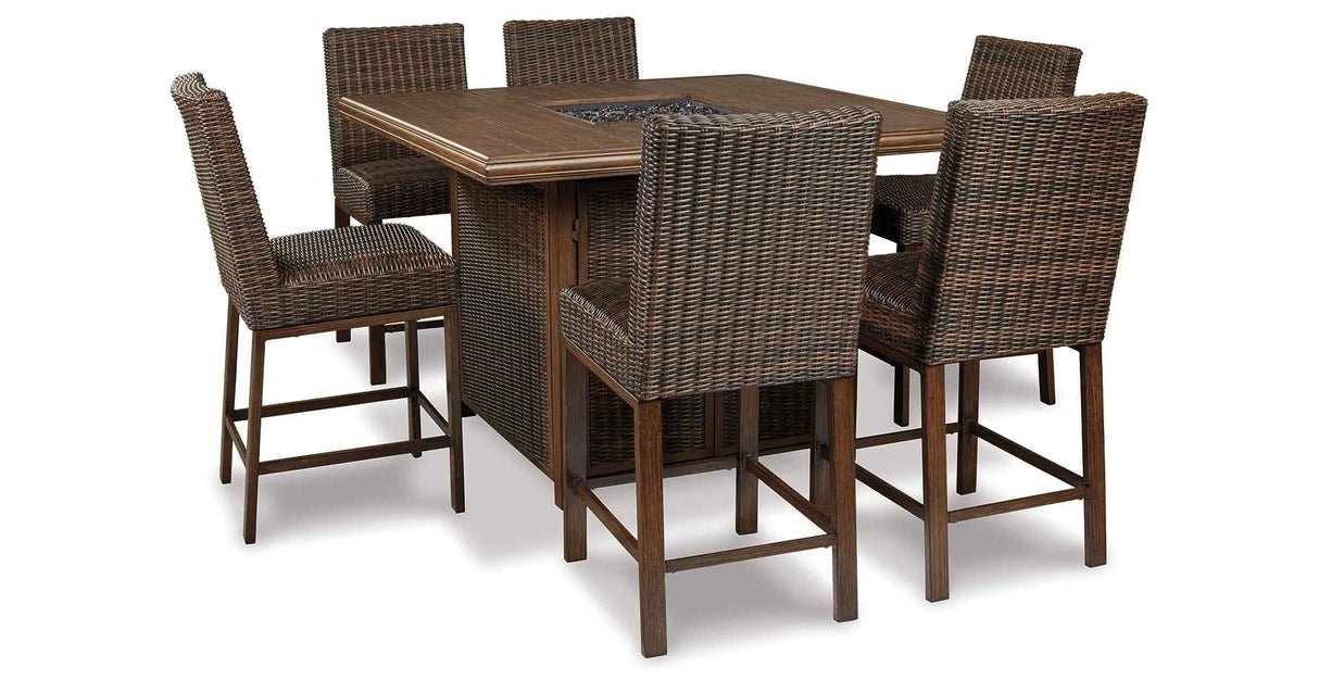 Paradise Trail Medium Brown Outdoor Bar Fire Pit Table with 6 Barstools by Ashley at Eve Furniture