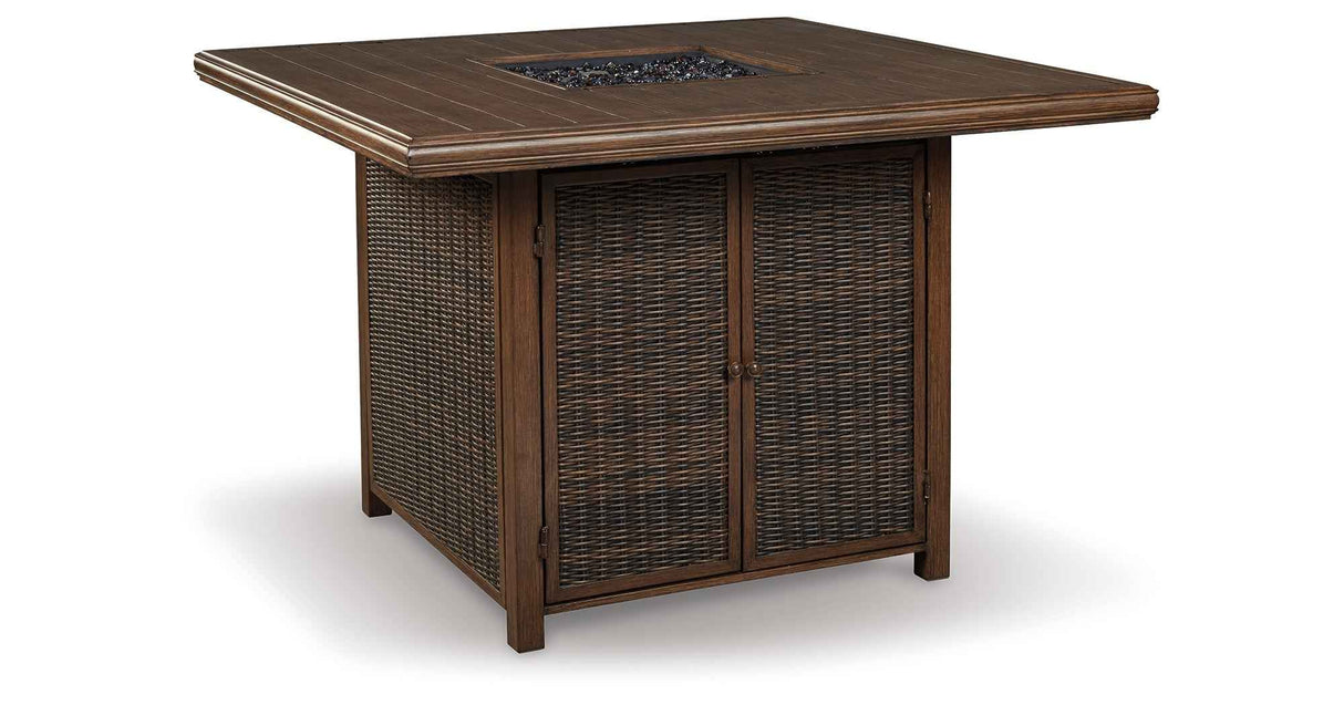 Paradise Trail Medium Brown Outdoor Bar Fire Pit Table with 6 Barstools by Ashley at Eve Furniture