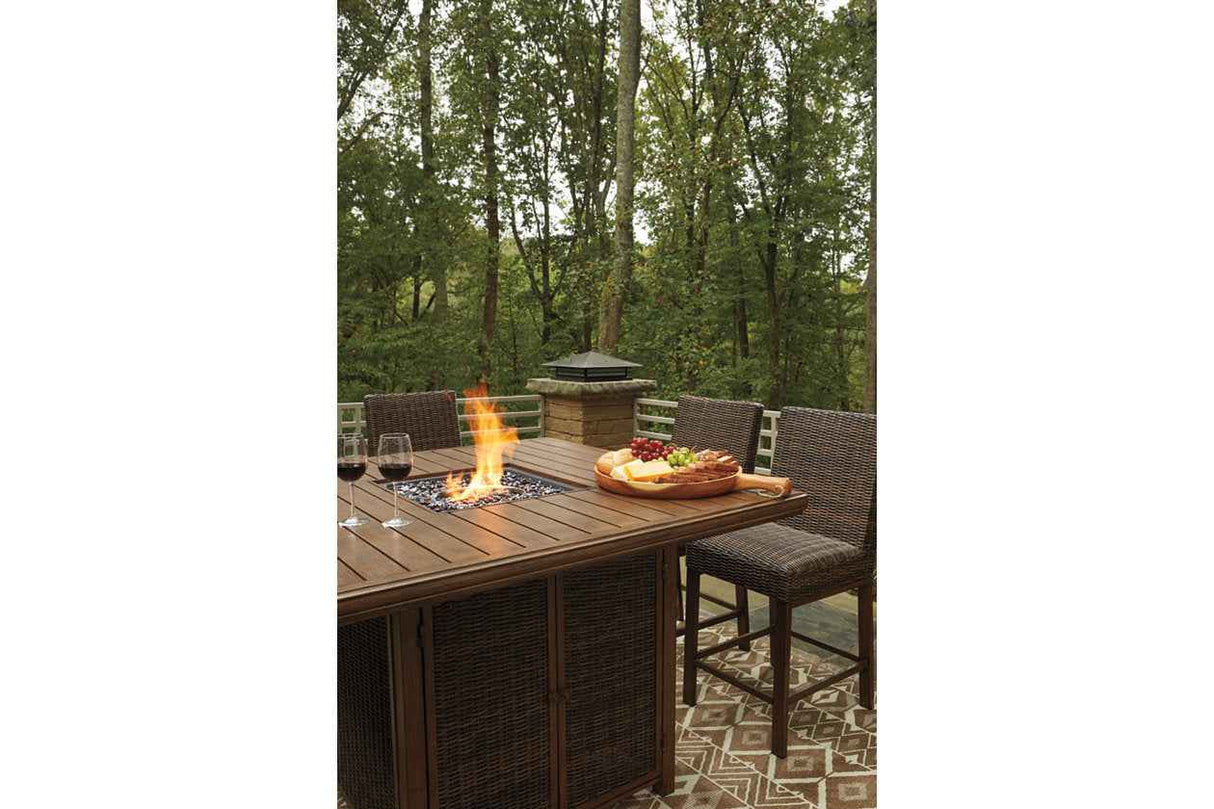 Paradise Trail Medium Brown Outdoor Counter Height Dining Table with 6 Barstools by Ashley at Eve Furniture