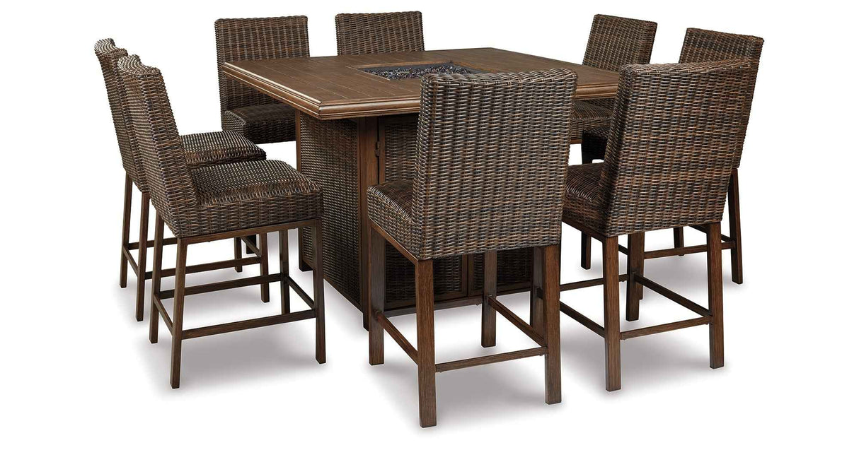 Paradise Trail Medium Brown Outdoor Counter Height Dining Table with 6 Barstools by Ashley at Eve Furniture